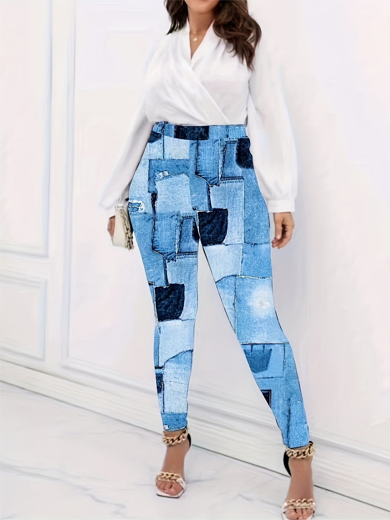 Patchwork Denim Print Plus Size High Rise Leggings