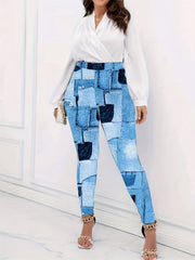 Patchwork Denim Print Plus Size High Rise Leggings