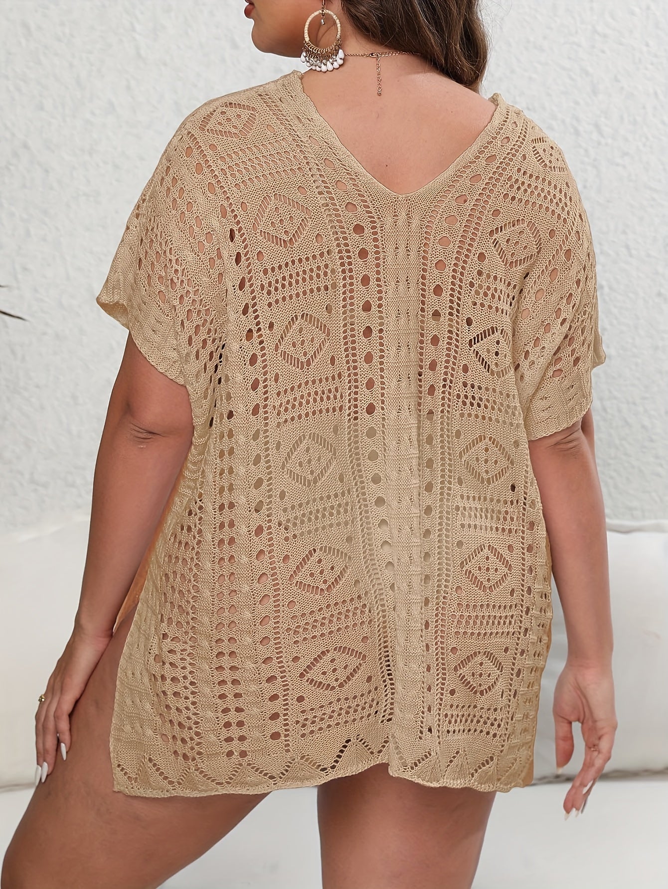 Sexy Cover Up Women's Plus Solid Hollow Out Batwing Sleeve V Neck Sp