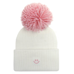 Kids Winter Beanie Knitted Hat Warm Smiling Face Graphic Cap With Pom Pom