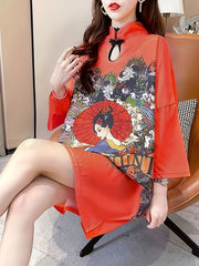 Cheongsam Sleep Dress Ethnic Style 3/4 Sleeve Nightwear
