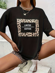 Leopard Print Two Piece Set Casual Short Sleeve T shirt & Skinny Shorts