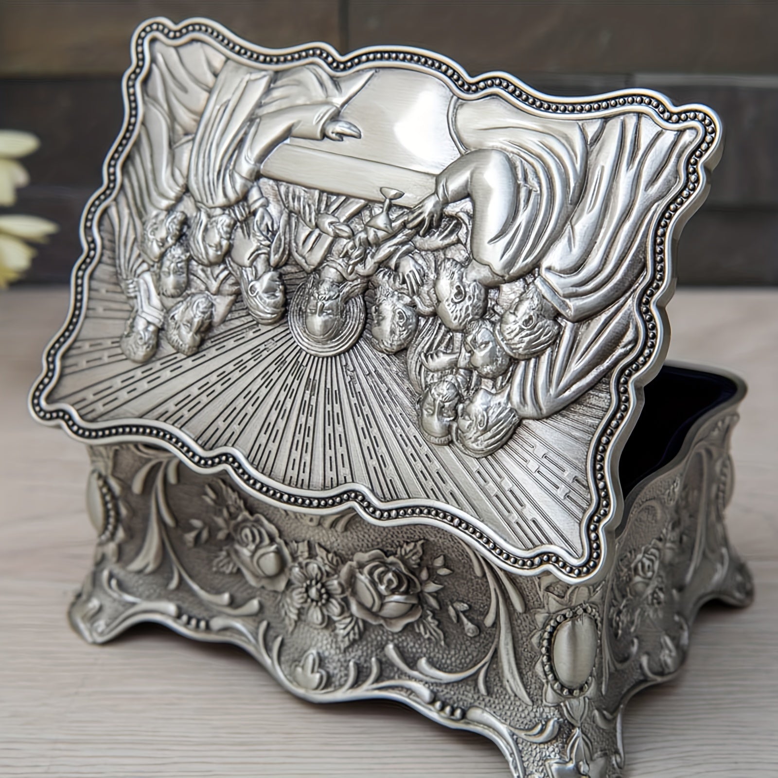 Vintage Jewelry Box Antique Silvery Trinket Box Rectangular Treasure Chest