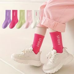 5 Pairs Girl's Letter Pattern Knitted Socks Breathable Crew Socks