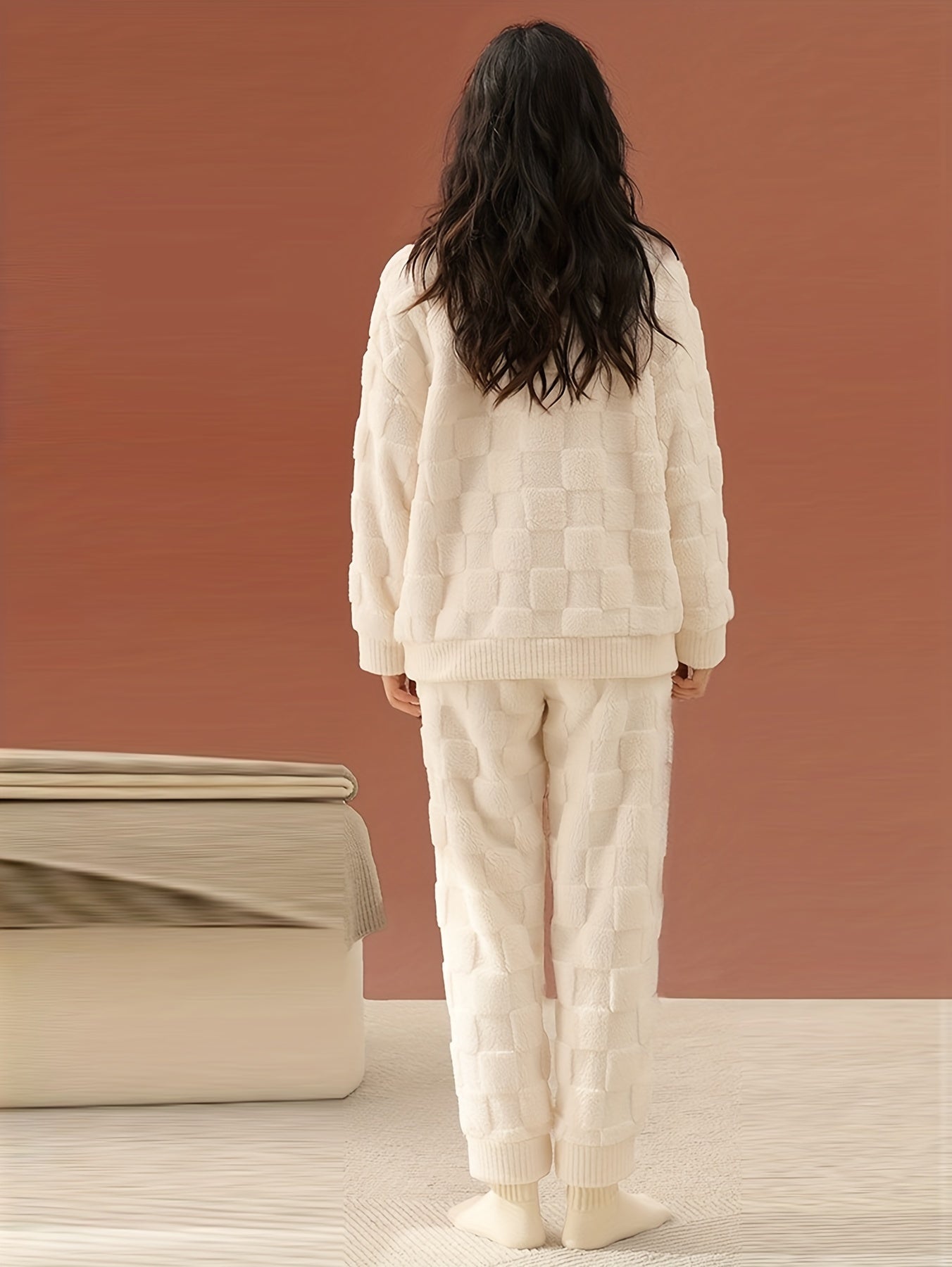 Plaid Fuzzy Pajama Set Long Sleeve Crew Neck Top & Elastic Waistband Pants