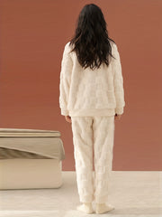 Plaid Fuzzy Pajama Set Long Sleeve Crew Neck Top & Elastic Waistband Pants