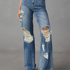 Washed Ripped High Rise Straight Leg Jeans