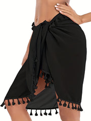 Tassel Trim Wrap Cover Up Tie Side Sexy Beach Cover Up Skirt Women's Swimwear