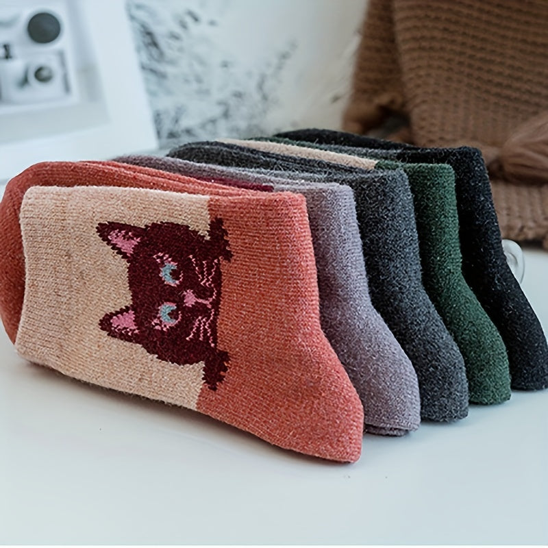 5 Pairs Cat Print Cartoon Socks Warm Mid Tube Women's Stockings