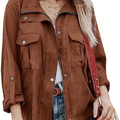Vintage Zip Up Solid Jacket with Pockets