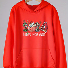 Happy Year Print Hoodie Casual Sweatshirt for Girls