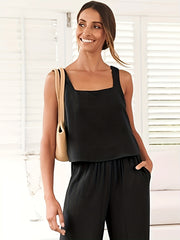 Solid Two Piece Set Square Neck Tank Top & Wide Leg Pants Outfit