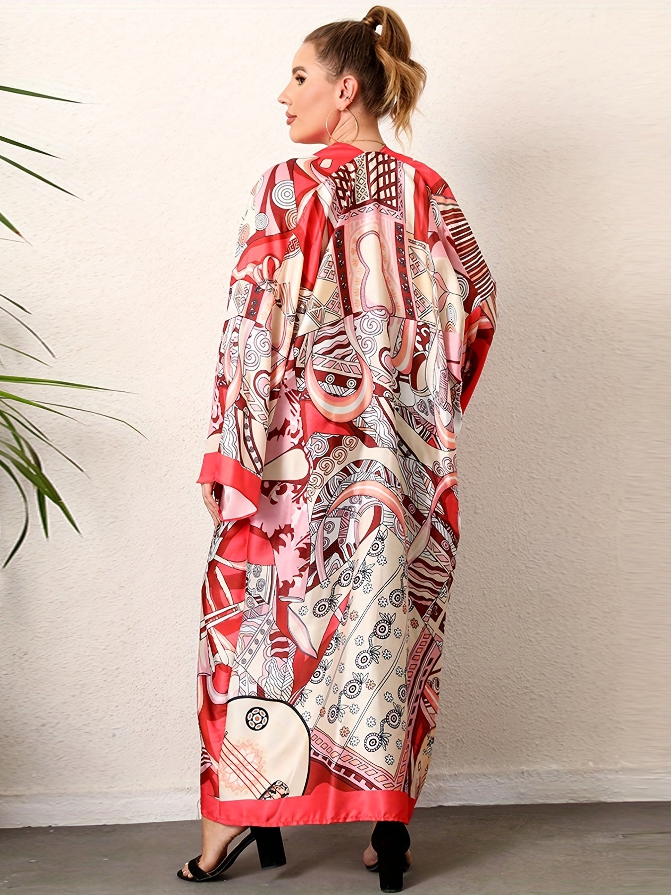 Boho Kimono Women's Plus Graphic Print Contrast Trim Long Sleeve
