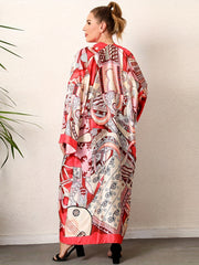 Boho Kimono Women's Plus Graphic Print Contrast Trim Long Sleeve