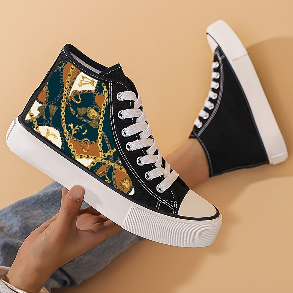 Retro Chain Print Chunky Canvas Sneakers High Top Skate Shoes