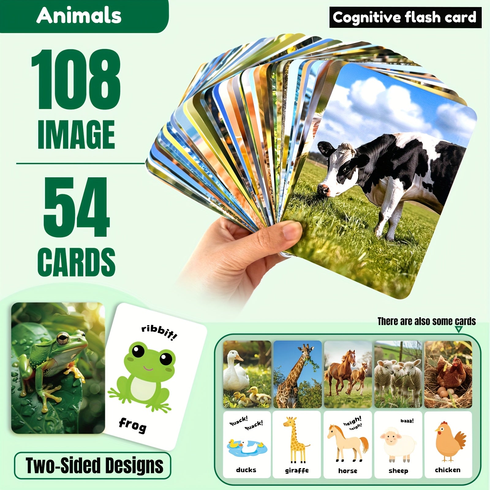 Animals Flashcards Real Photos & Cartoon Double Sided Baby Learning Cards