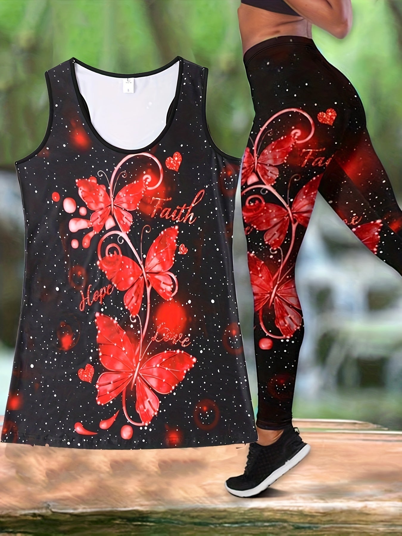 Butterfly Print Casual 2pc Set Tank Top & Slim Pants