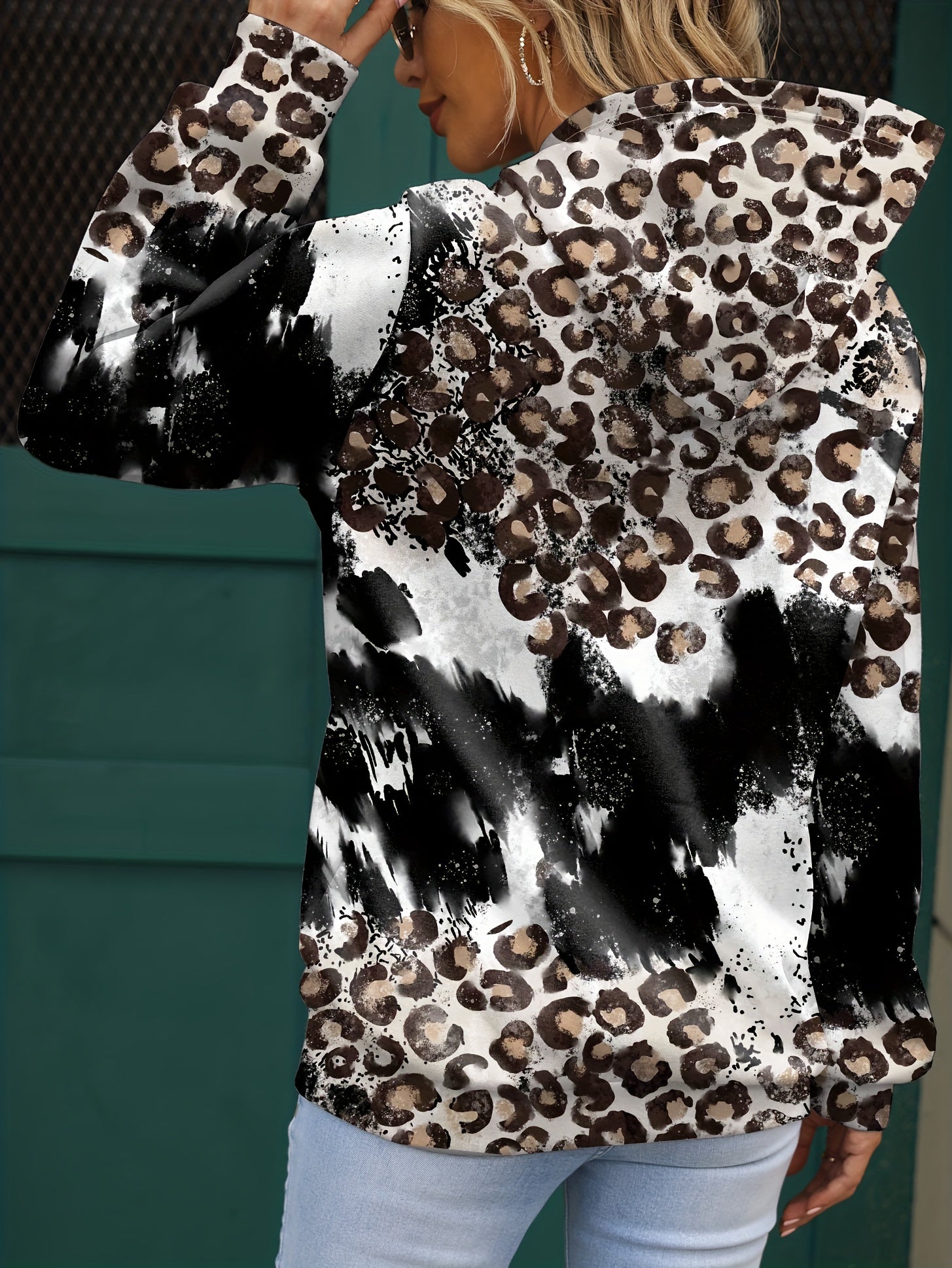 Anchor & Leopard Print Hoodie Casual Long Sleeve Sweatshirt