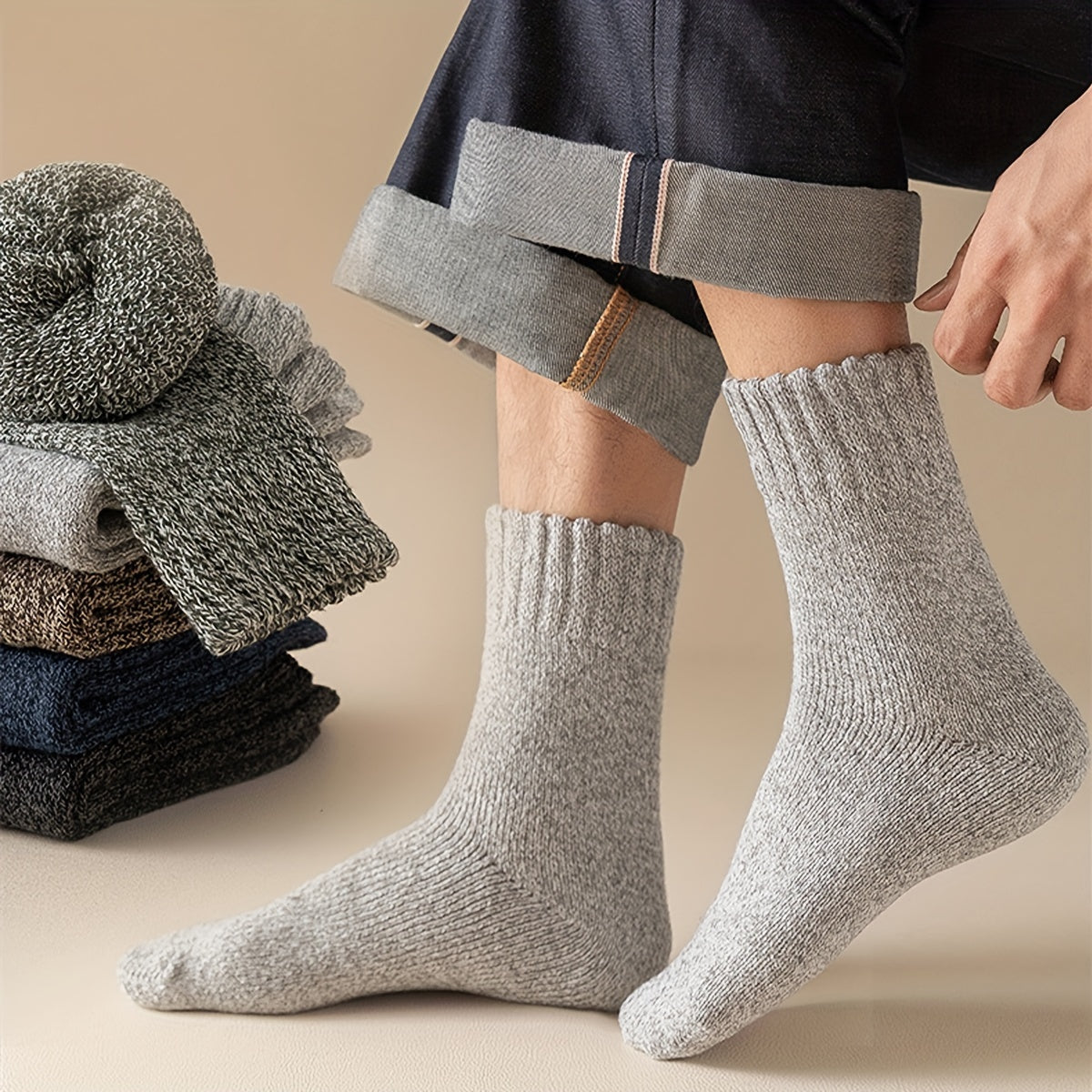 Men's Crew Socks, Winter Thicken Warm Solid Pairs, Autumn
