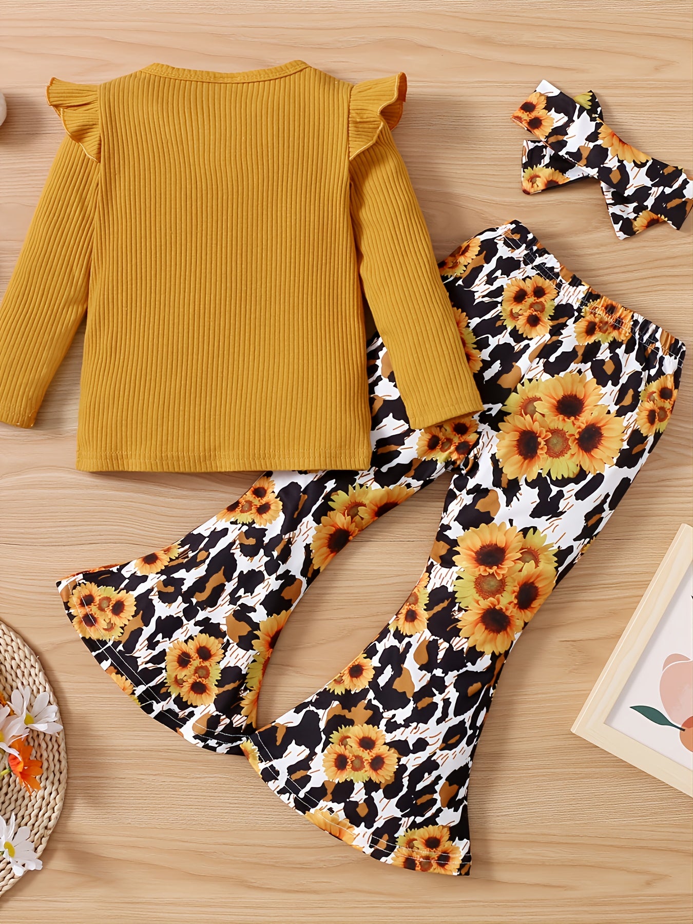 Girls Ruffle Shoulder Long Sleeve Top and Floral Print Flared Pants