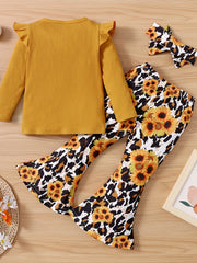 Girls Ruffle Shoulder Long Sleeve Top and Floral Print Flared Pants