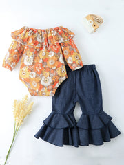 2pcs Toddler Baby Ruffle Off Shoulder Romper & Flared Leg Denim Pants