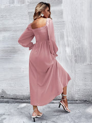 Solid Squared Neck Maxi Dress Ruffle Trim Shirred Long Sleeve