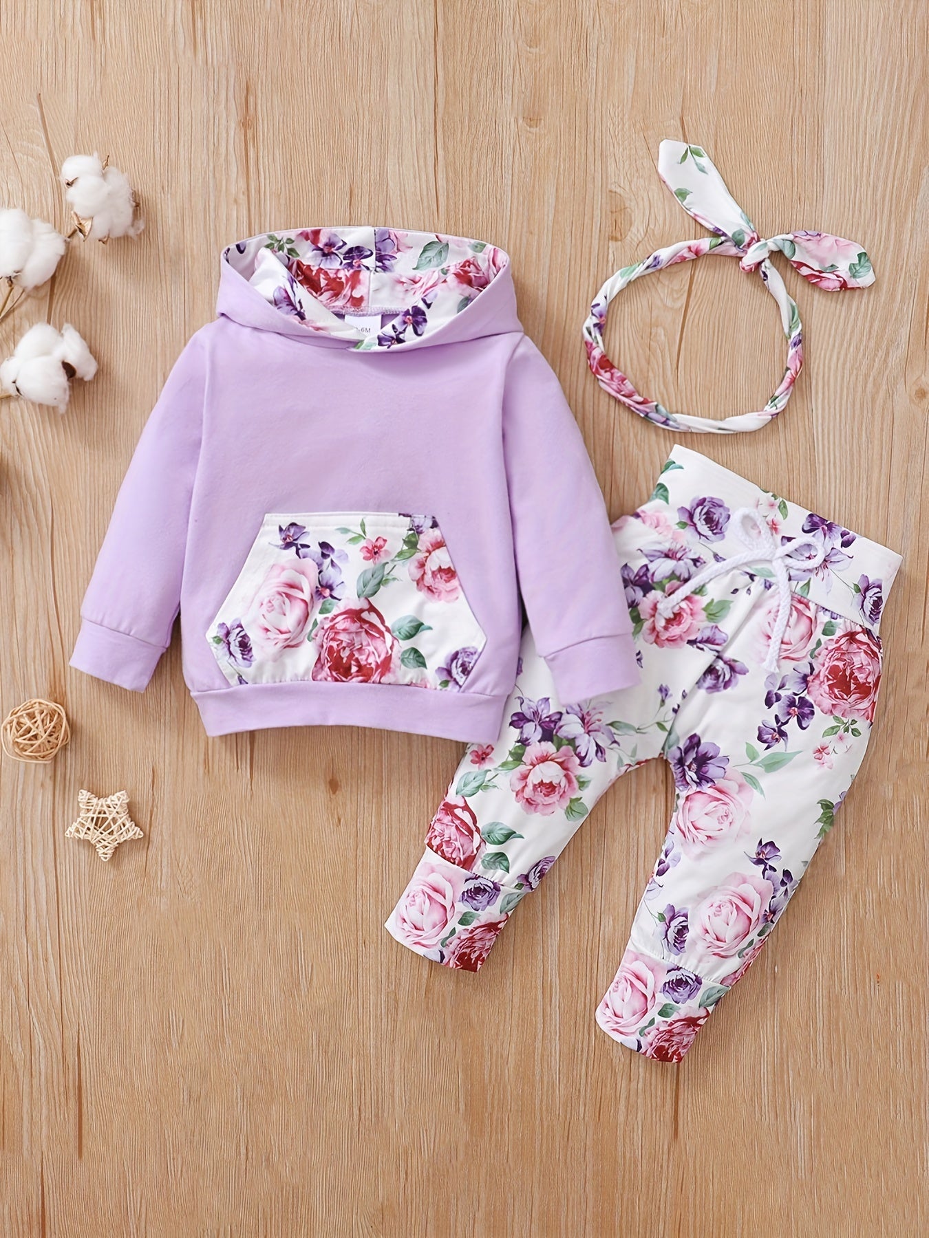 Girls Casual Floral Print Outfit Hoodie & Pants & Headwear Set