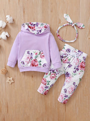 Girls Casual Floral Print Outfit Hoodie & Pants & Headwear Set