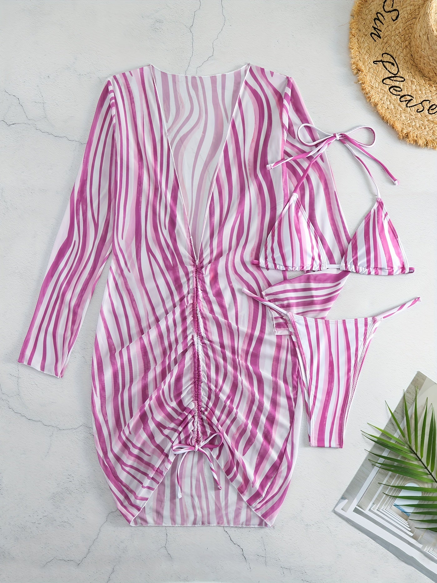 Stripes Print Halter V String 3 Piece Swimsuit