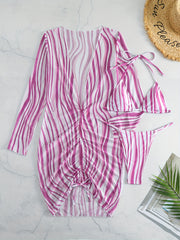 Stripes Print Halter V String 3 Piece Swimsuit