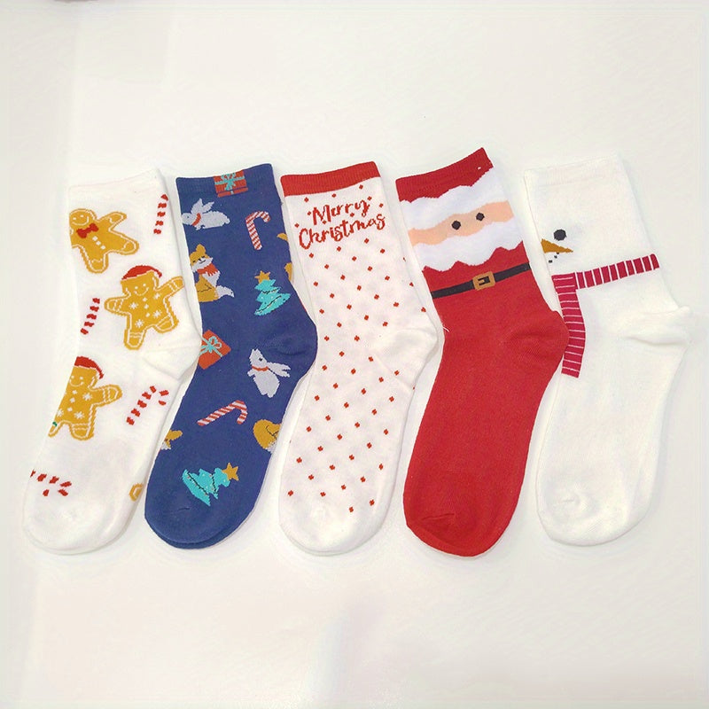 5 Pairs Christmas Print Socks Comfy Cartoon Crew Women's Stockings