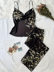 Floral Print Pajama Set Draped Collar Cami Top & Elastic Waistband Pants