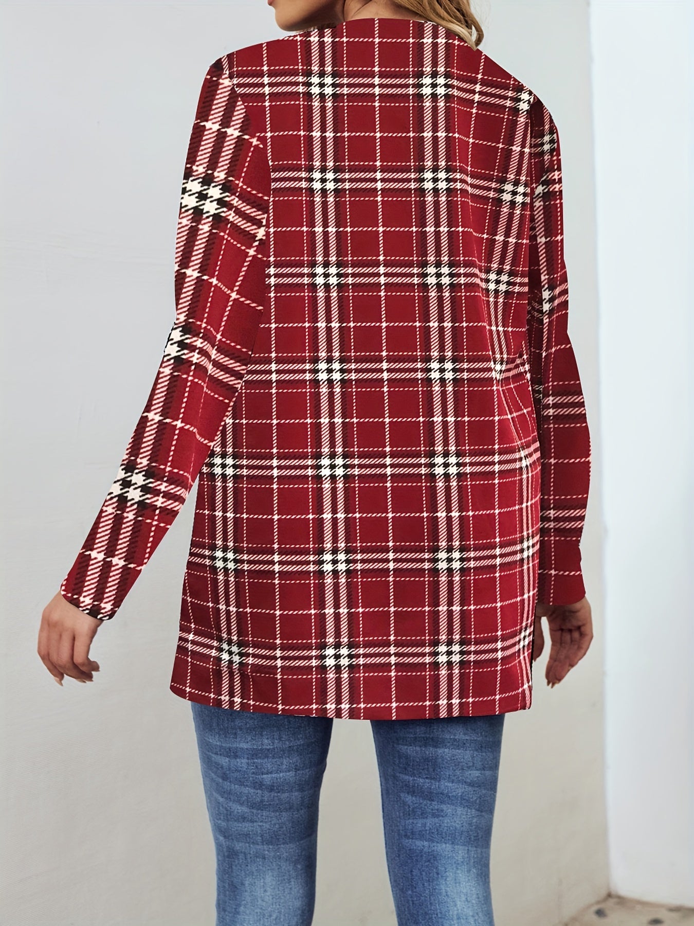 Plaid Print Open Front Jacket Long Sleeve Outerwear