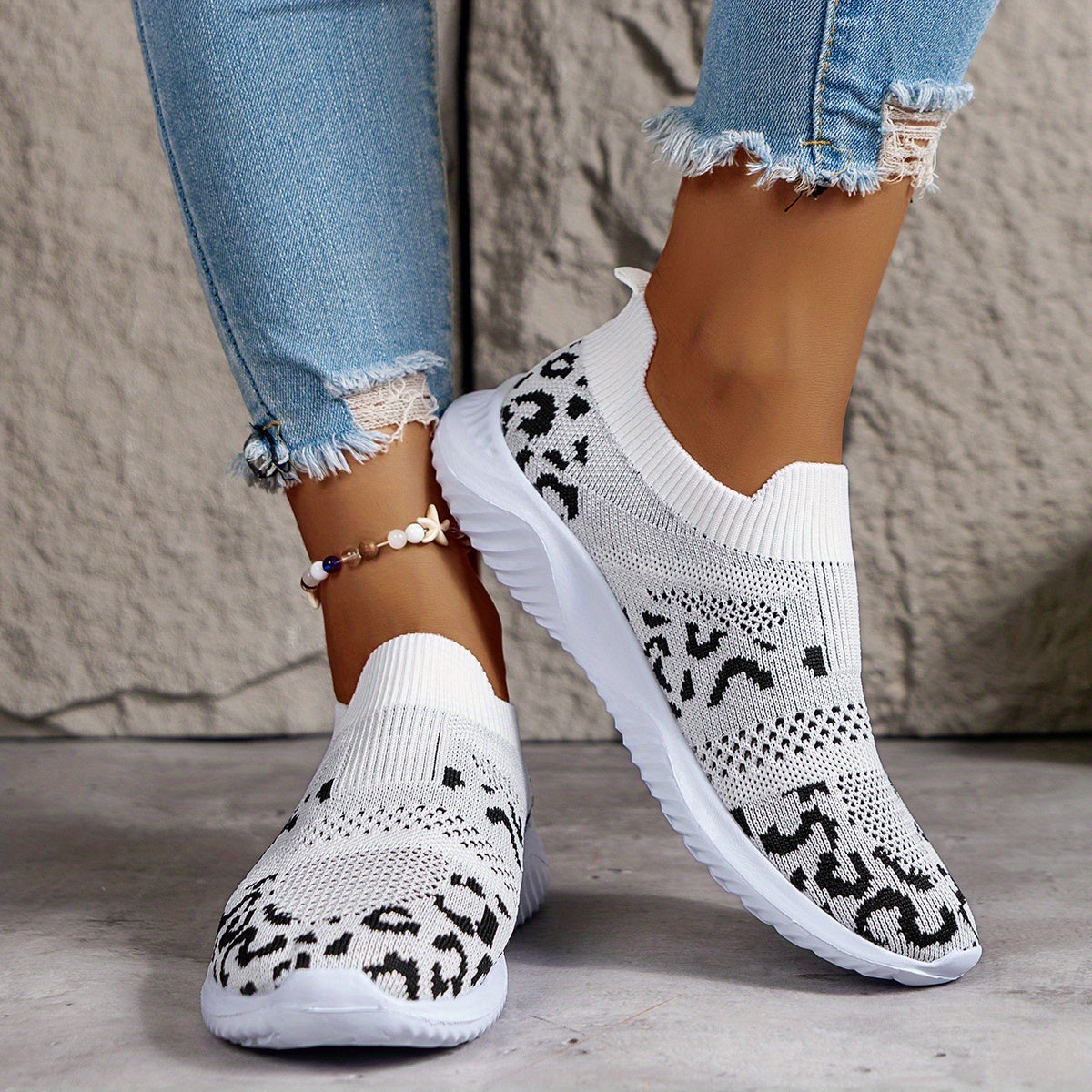 Leopard Print Slip on Walking Shoes Soft Sole Knit Casual Sneakers