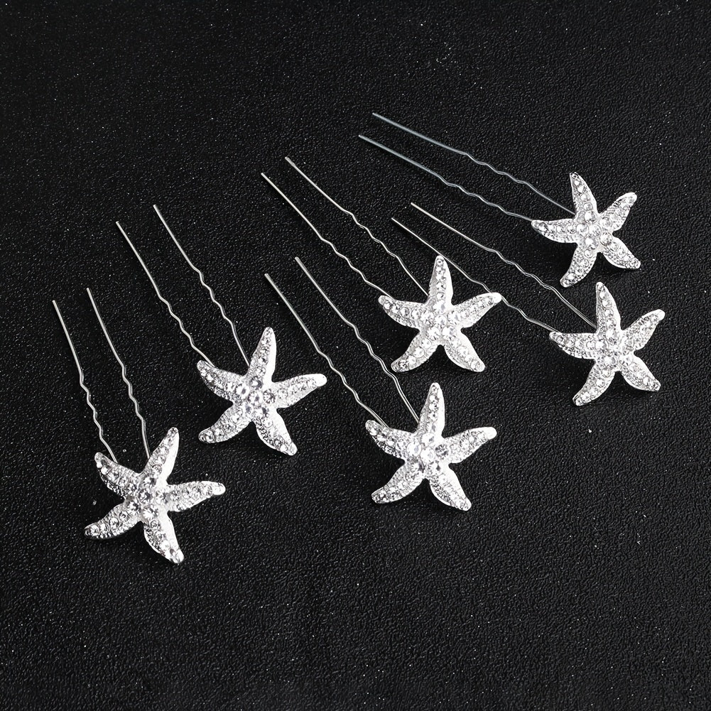 6pcs Bride Starfish Flower U-shaped Hairpin Wedding Headgear