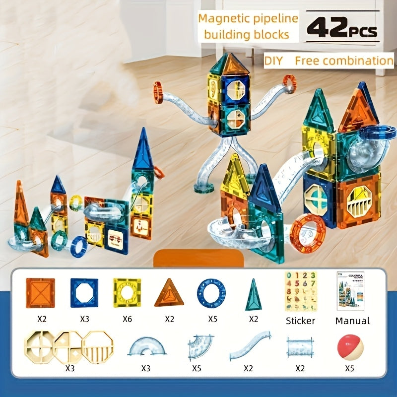 Magnetic Building Blocks Set with Pipe and Ball Track DIY Construction Toy