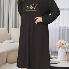 Christmas Casual Nightdress Women's Plus Hat Footprint Sleep Dress