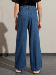 Girls Smiley Face Graphic Denim Wide Leg Pants