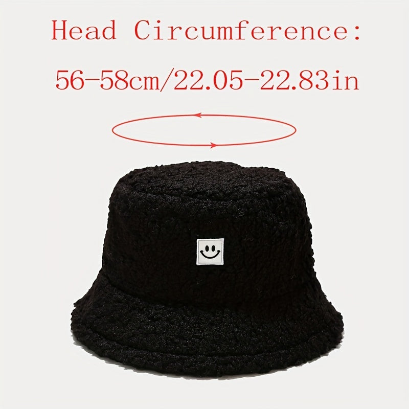 Unisex Sunshade Fleece Bucket Hat with Smile Face Patch - Double Sided Sun Hat