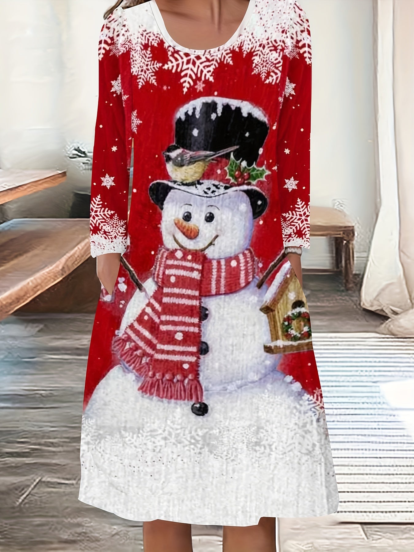 Women's Plus Snowman & Snowflake Print Christmas Dress