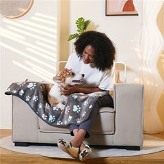 Soft Warm Dog Blanket Grey Paw Pattern Fluffy Mat for Dogs Cats