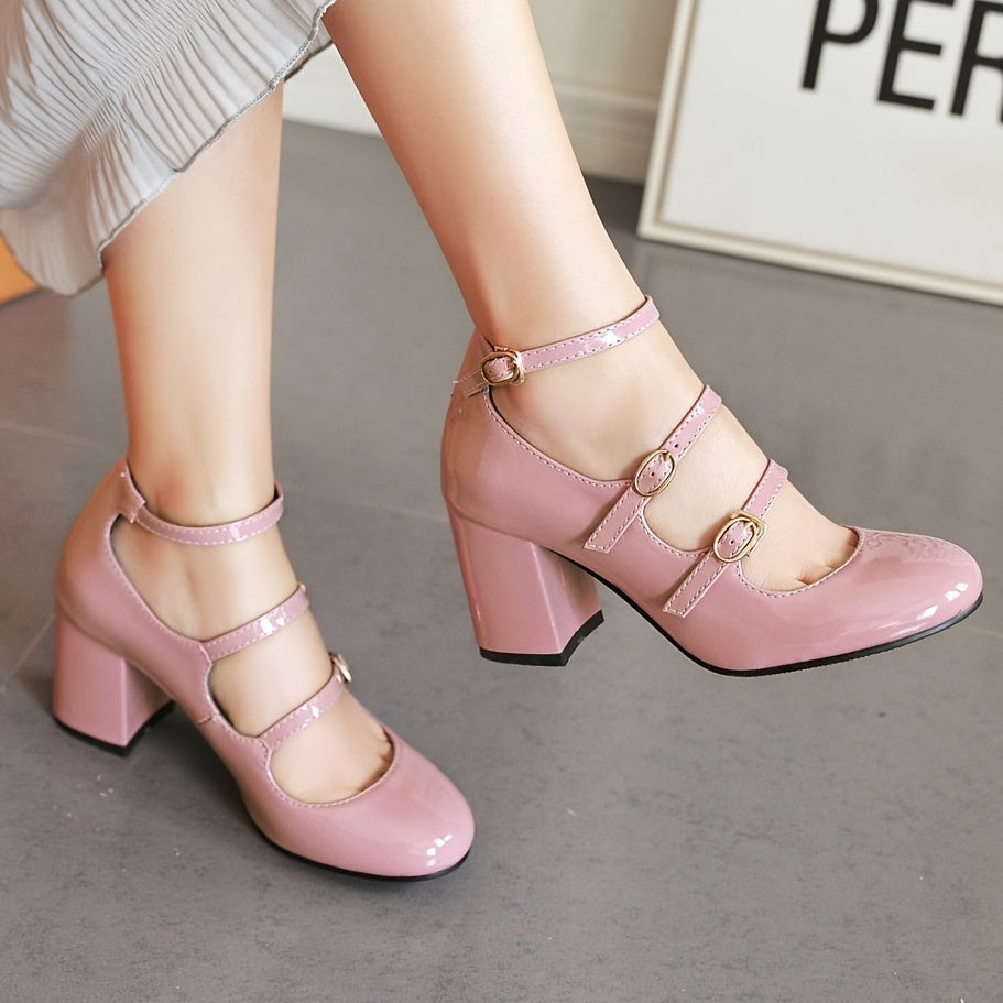 Pink Mary Janes Chunky Heel Pumps