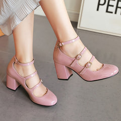 Pink Mary Janes Chunky Heel Pumps