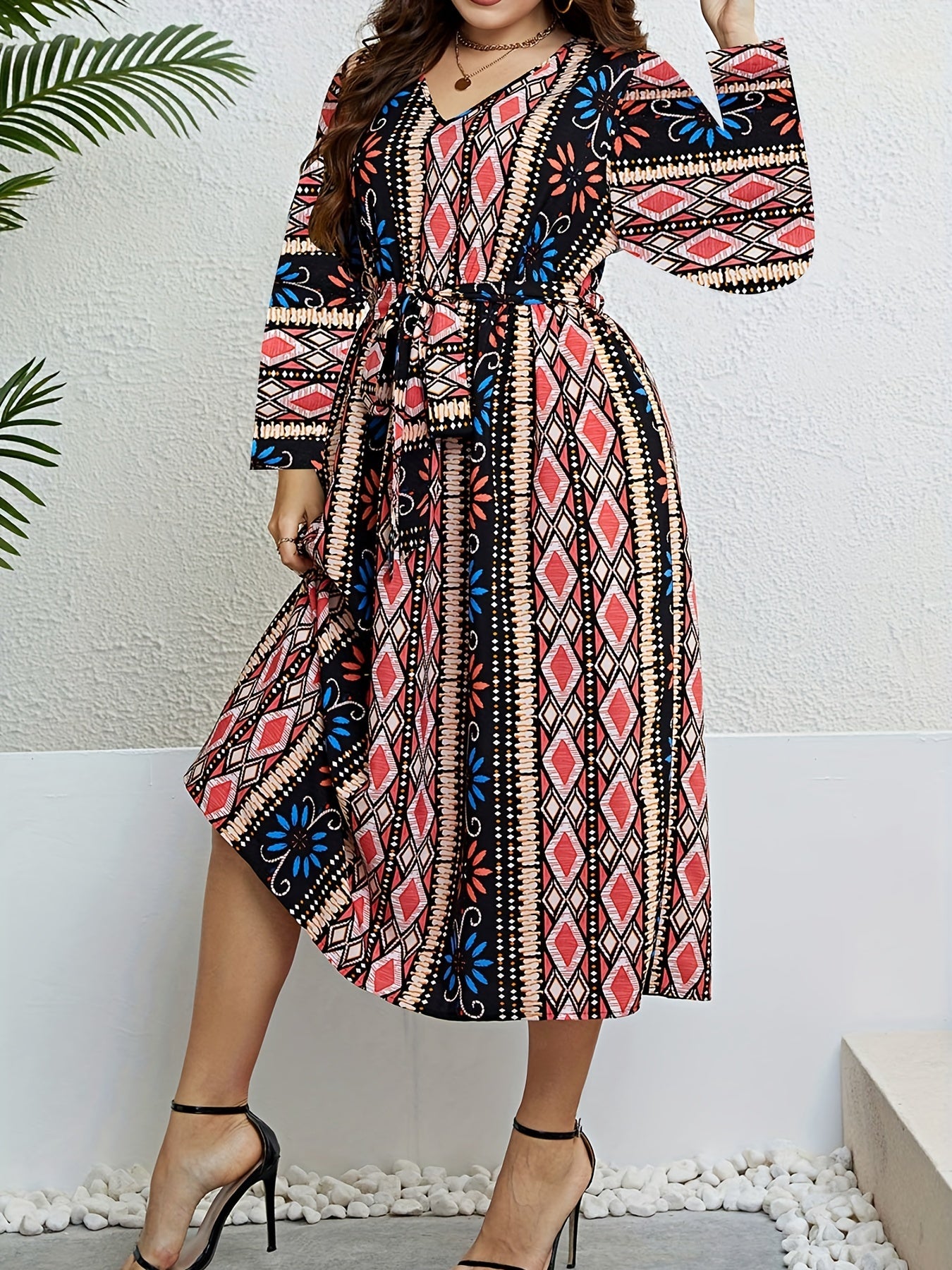 Geometric Print V Neck Dress With Belt