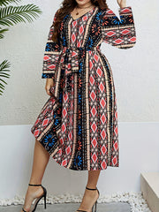 Geometric Print V Neck Dress With Belt
