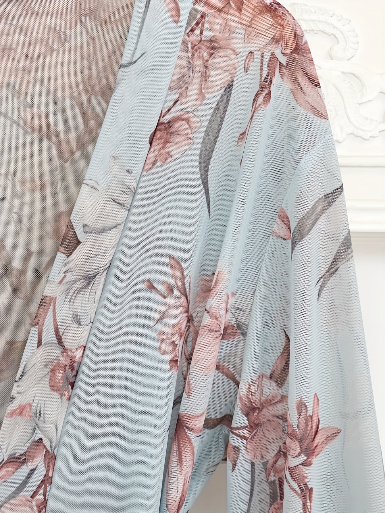 Floral Print Mesh Night Robe Long Sleeve Robe With Belt Women's Lingerie