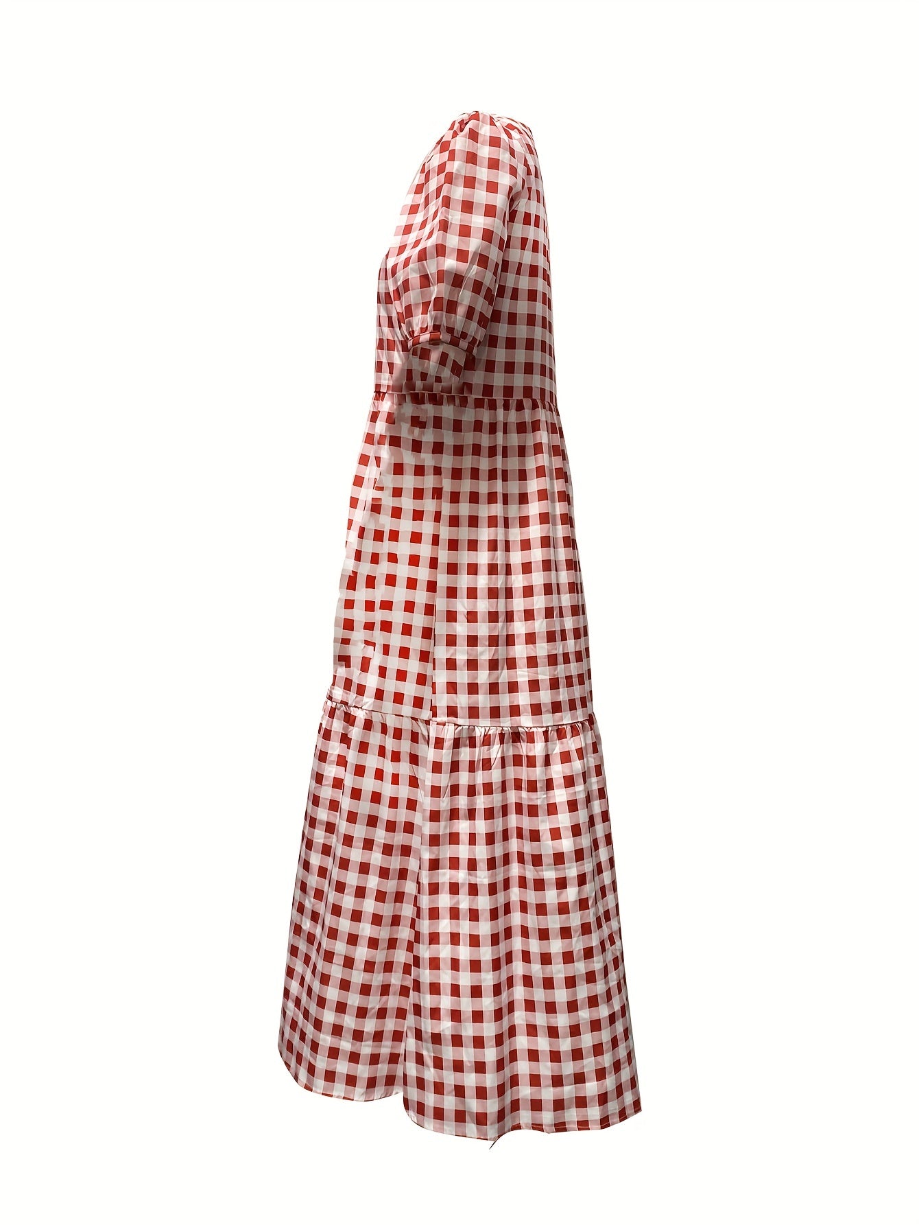 Plaid Print Puff Sleeve Tiered Dress Casual Dress For Spring & Summer