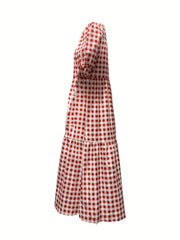 Plaid Print Puff Sleeve Tiered Dress Casual Dress For Spring & Summer