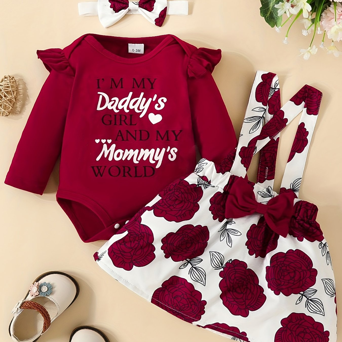 3pcs Long Sleeve Triangle Onesie Suspender Dress Set Newborn Alphabet Print